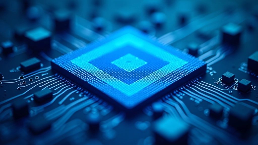 Close-up of quantum computing processor with intricate circuit patterns and crystalline structures