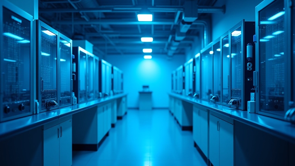 Moderns kvantu datošanas laboratorijas interjers ar avanzētām elektroniskām iekārtām un skaidru zilganu apgaismojumu