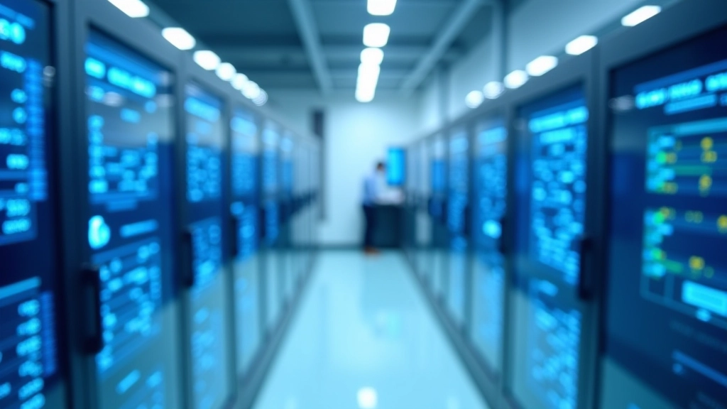 Futuristic laboratory setup with quantum computing equipment and blue light displays showing data processing