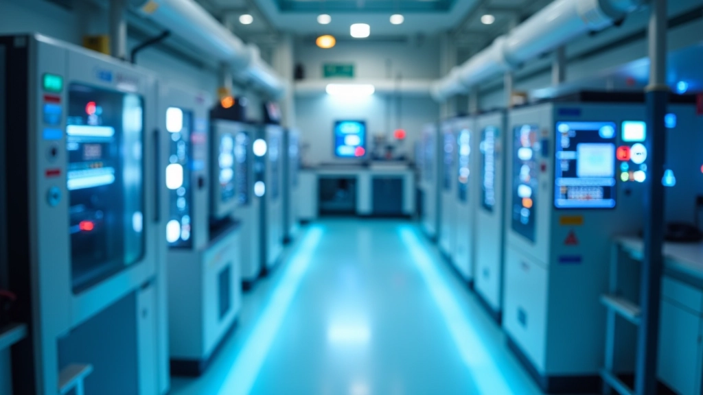 Kvantu datoru laboratorija ar kriosistēmām un kontroles panelēm, demonstrējot komplekso infrastruktūru