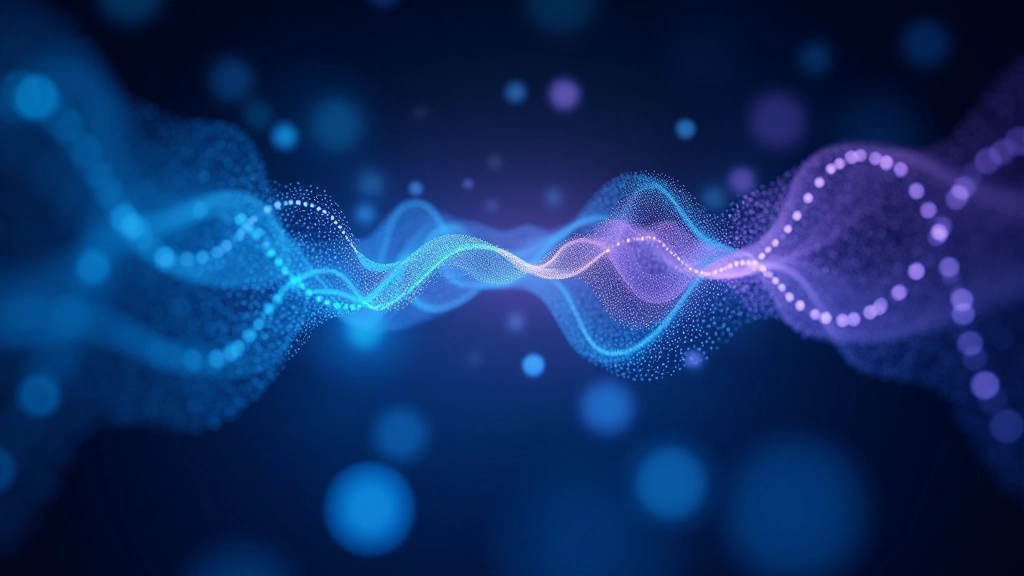 Illustration-style diagram showing quantum superposition concept with overlapping particle states and wave patterns