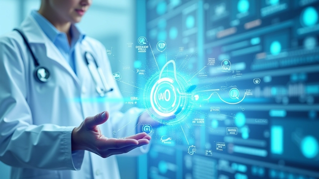 Profesionāla ilustrācija, kas attēlo kvantu datošanas pielietojumus medicīnā, finansēs un logistikā